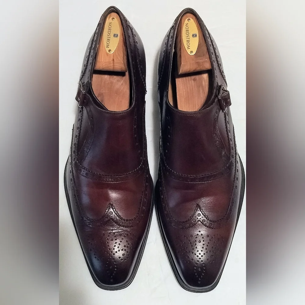 Magnanni Men's Burgundy Brown Leather Monk Strap Loafers